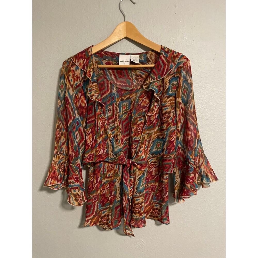 Vintage Versailles Womens Top Large Colorful Abstract Sheer Chiffon Ruffle 90s